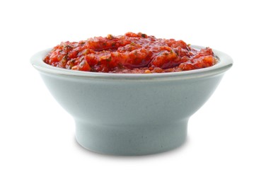 Photo of Tasty salsa sauce in bowl isolated on white