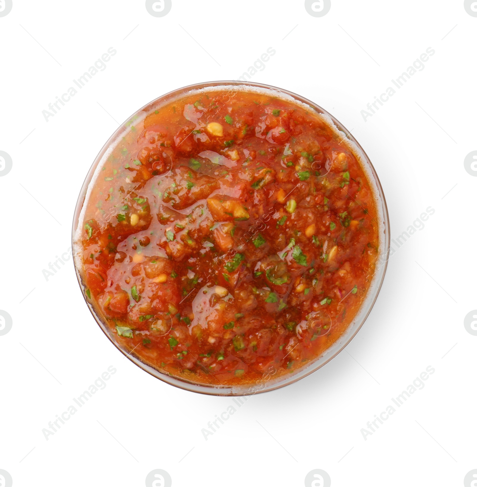 Photo of Tasty salsa sauce in bowl isolated on white, top view