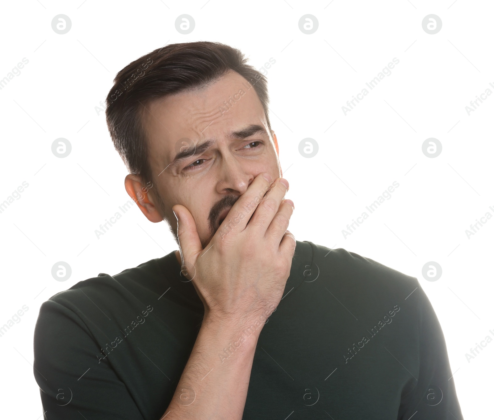 Photo of Portrait of sad man crying on white background