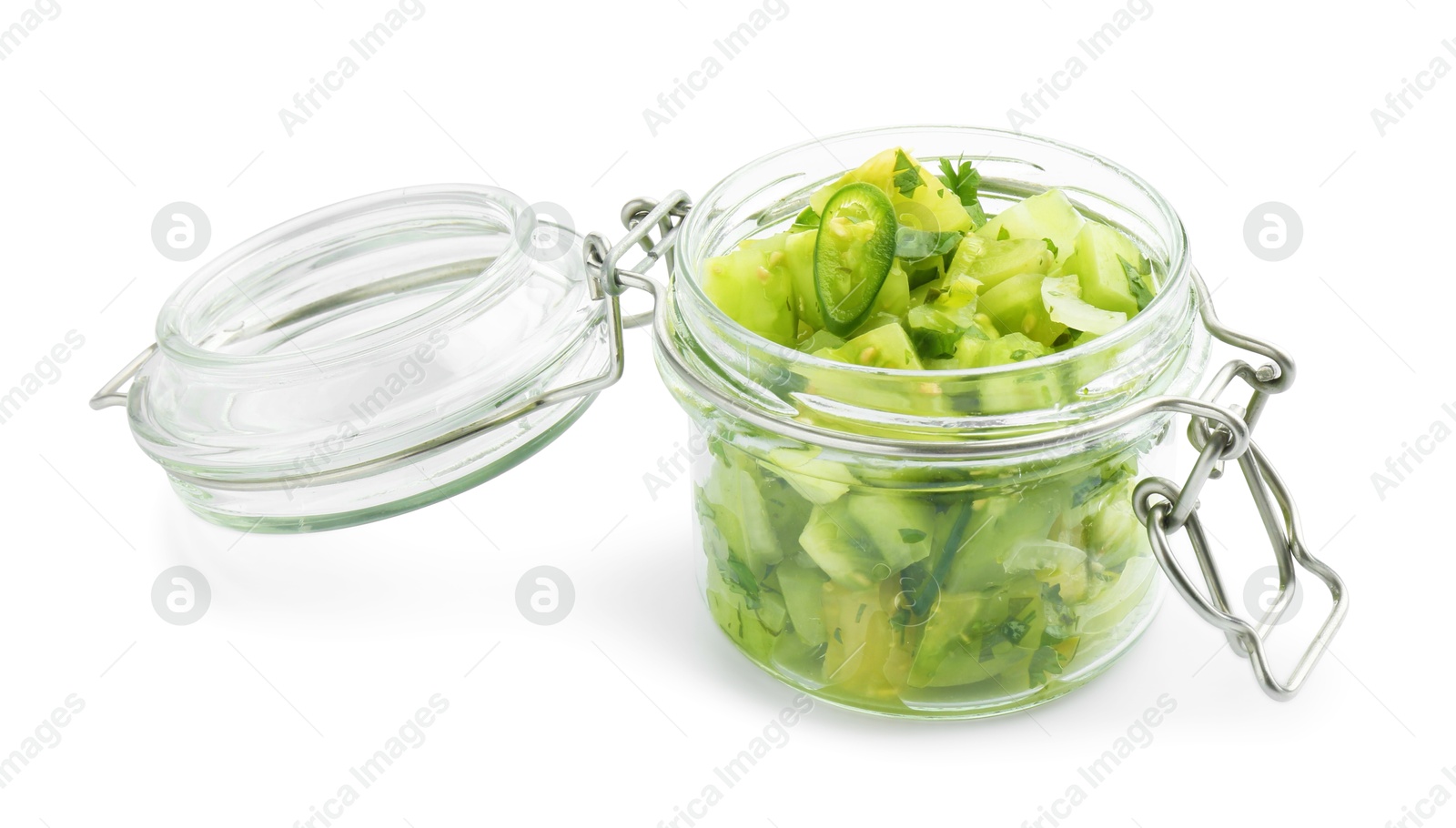 Photo of Delicious homemade green salsa in jar isolated on white