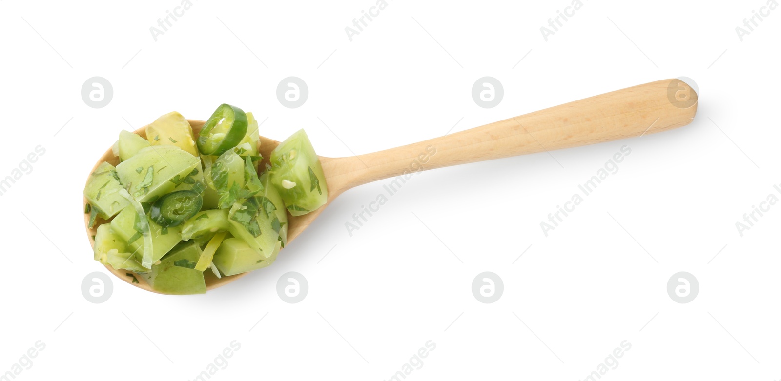 Photo of Delicious homemade green salsa in spoon isolated on white, top view