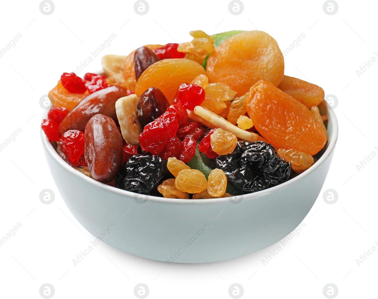 Photo of Mix of different dried fruits in bowl isolated on white