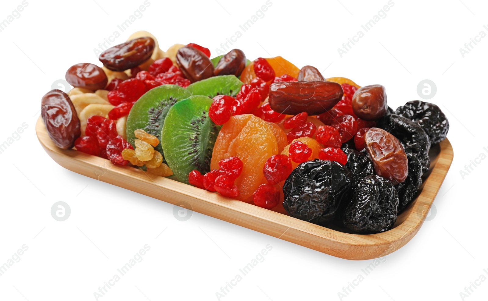 Photo of Mix of different dried fruits isolated on white