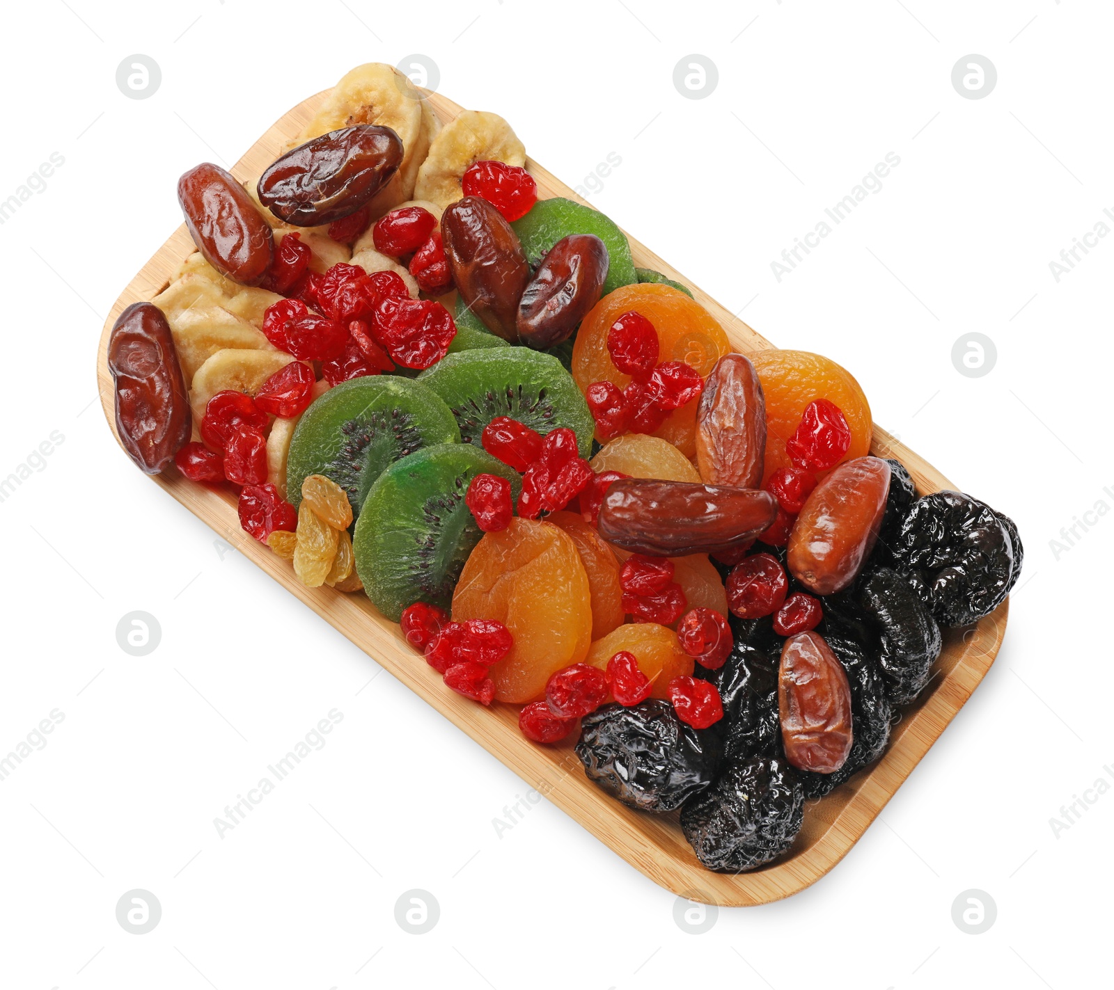 Photo of Mix of different dried fruits isolated on white