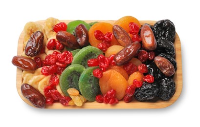 Photo of Mix of different dried fruits isolated on white, top view