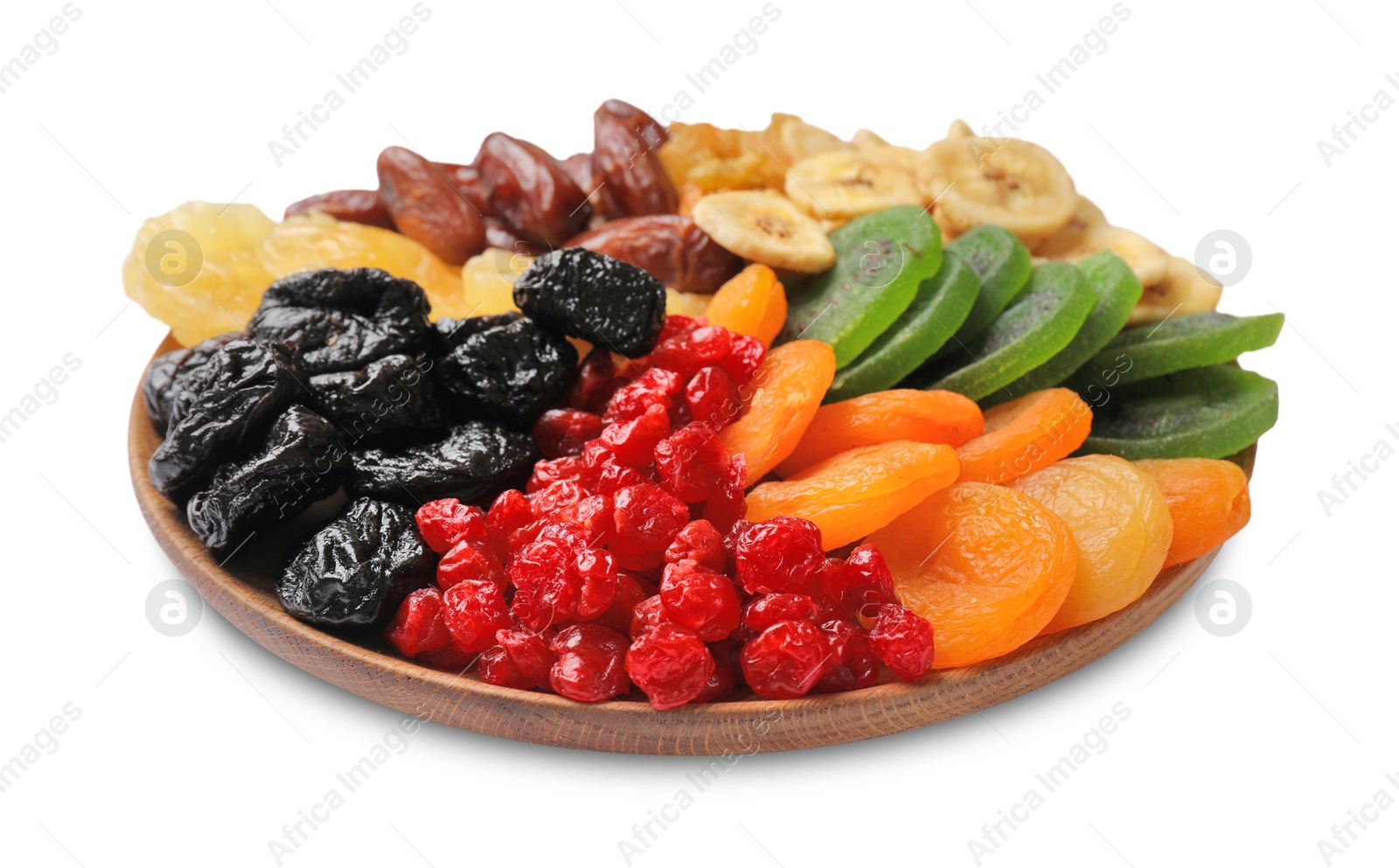 Photo of Mix of different dried fruits isolated on white