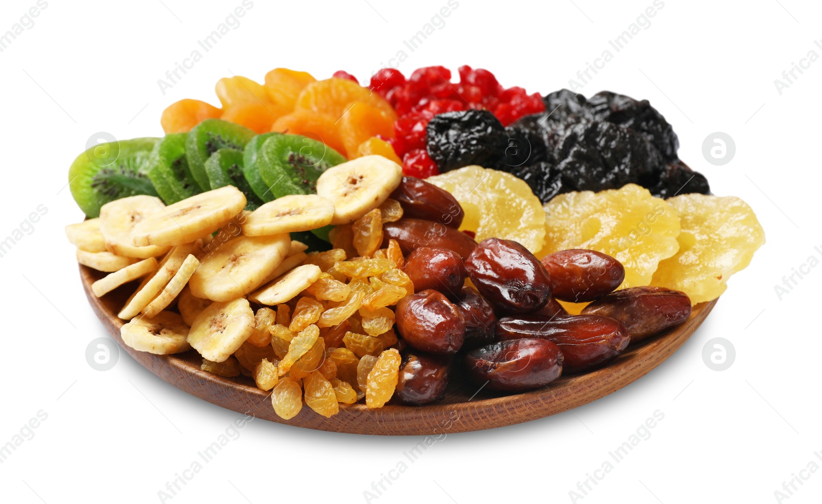 Photo of Mix of different dried fruits isolated on white