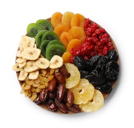 Photo of Mix of different dried fruits isolated on white, top view