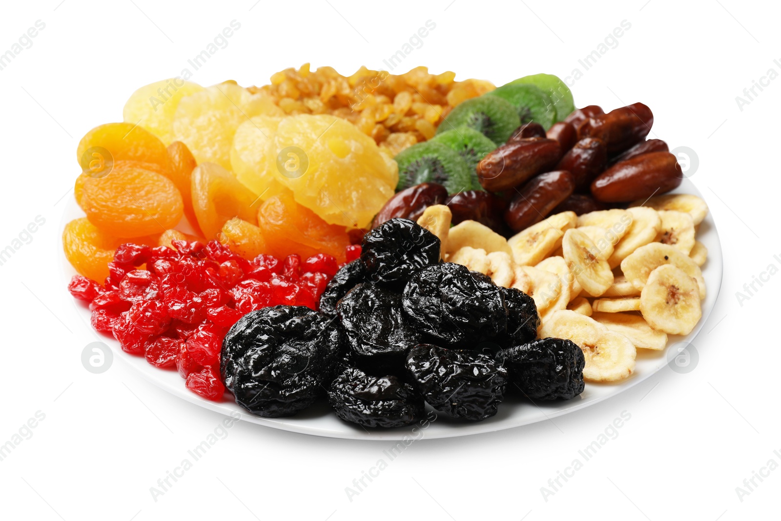 Photo of Mix of different dried fruits isolated on white