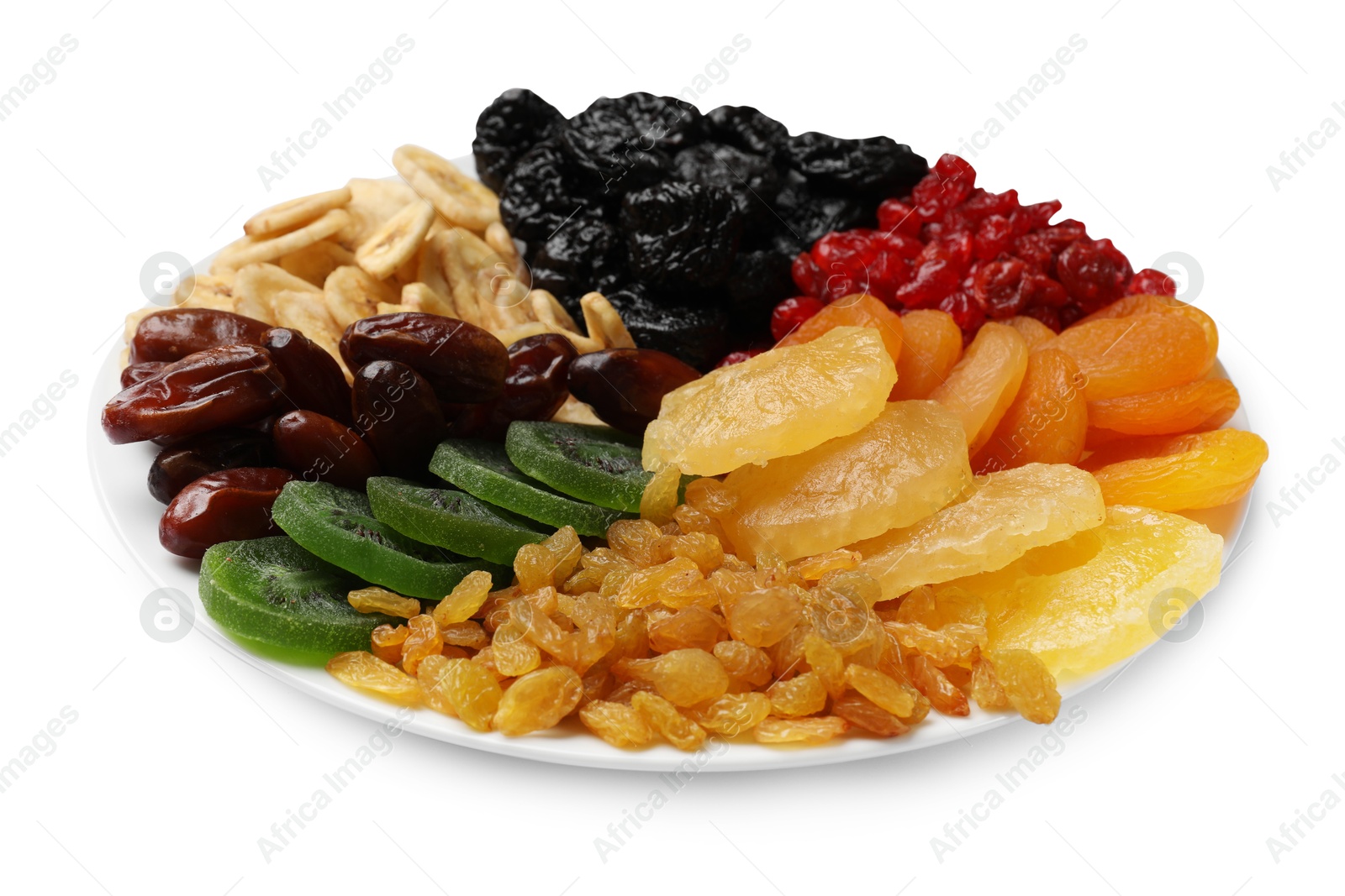 Photo of Mix of different dried fruits isolated on white