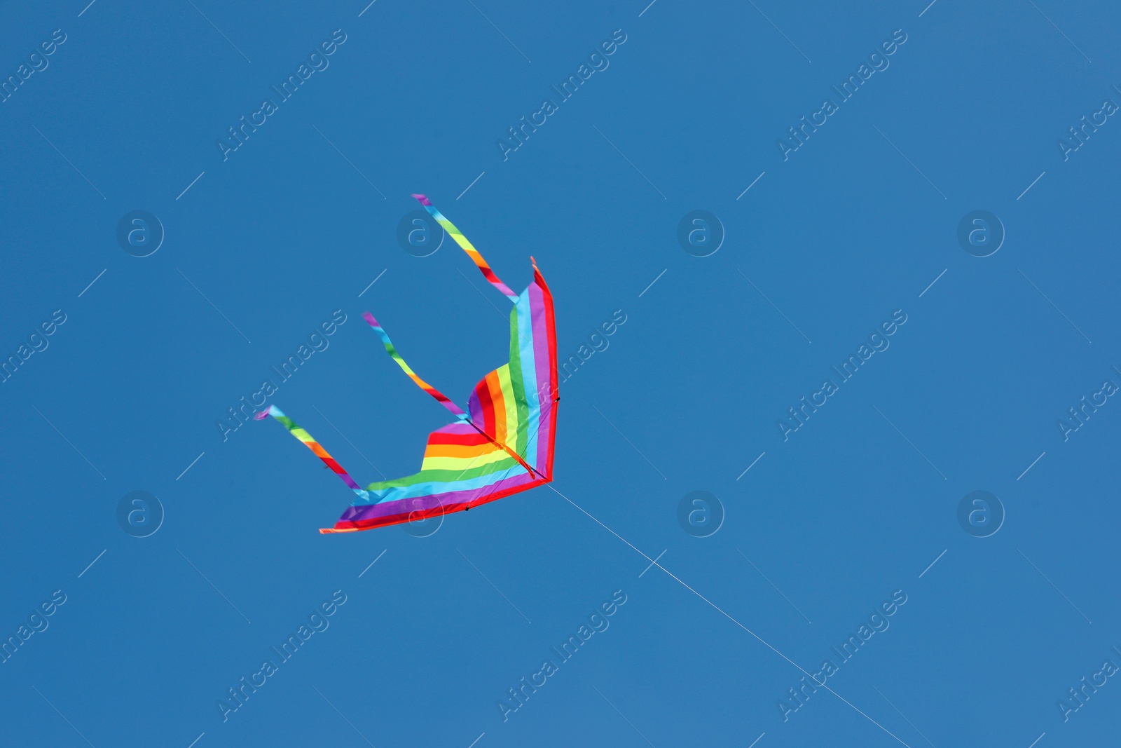 One colorful kite flying in blue sky Photo of One colorful kite flying in blue sky