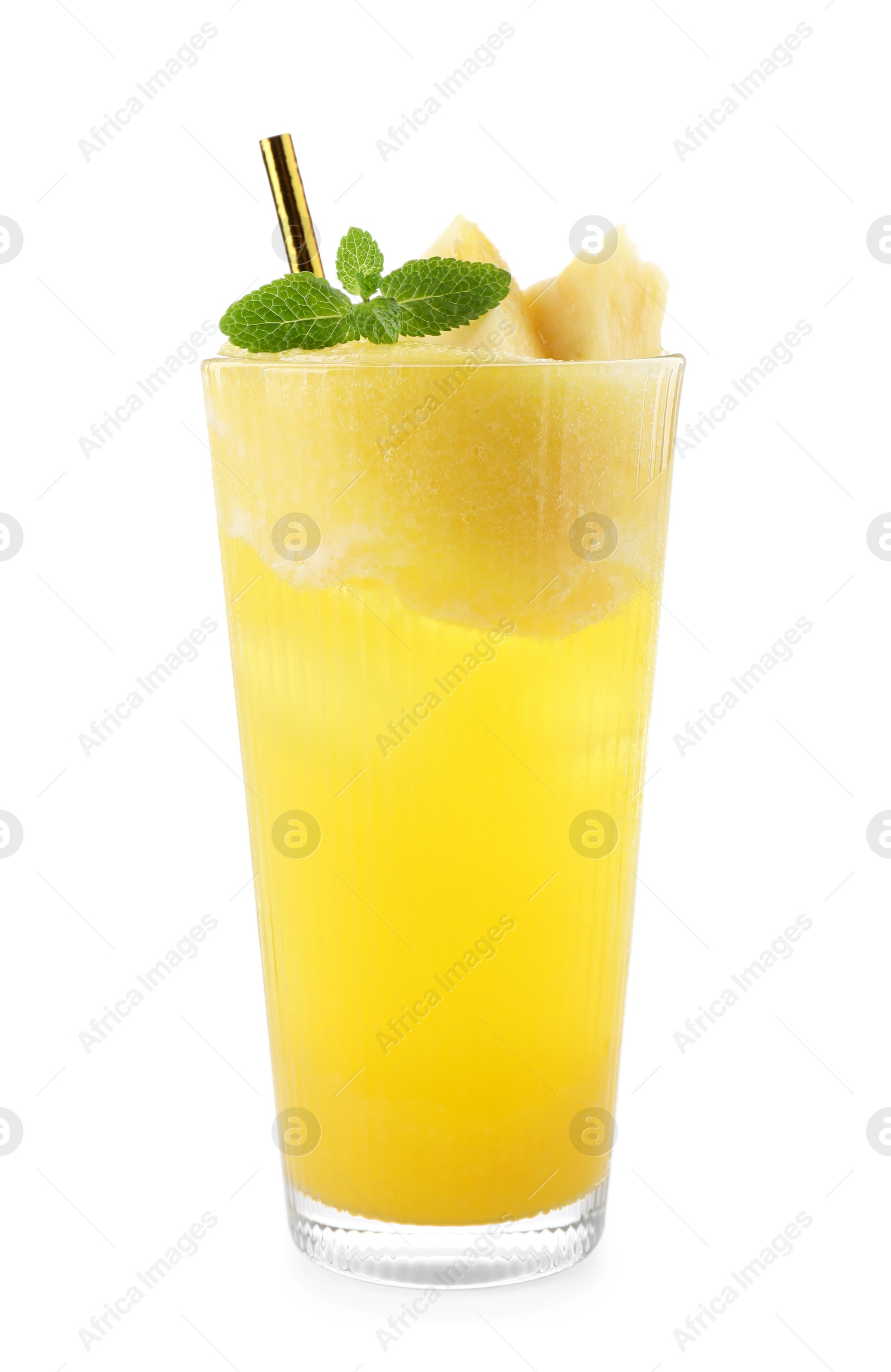 Photo of Tasty pineapple cocktail with mint in glass isolated on white