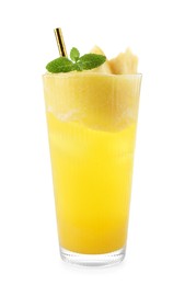 Photo of Tasty pineapple cocktail with mint in glass isolated on white