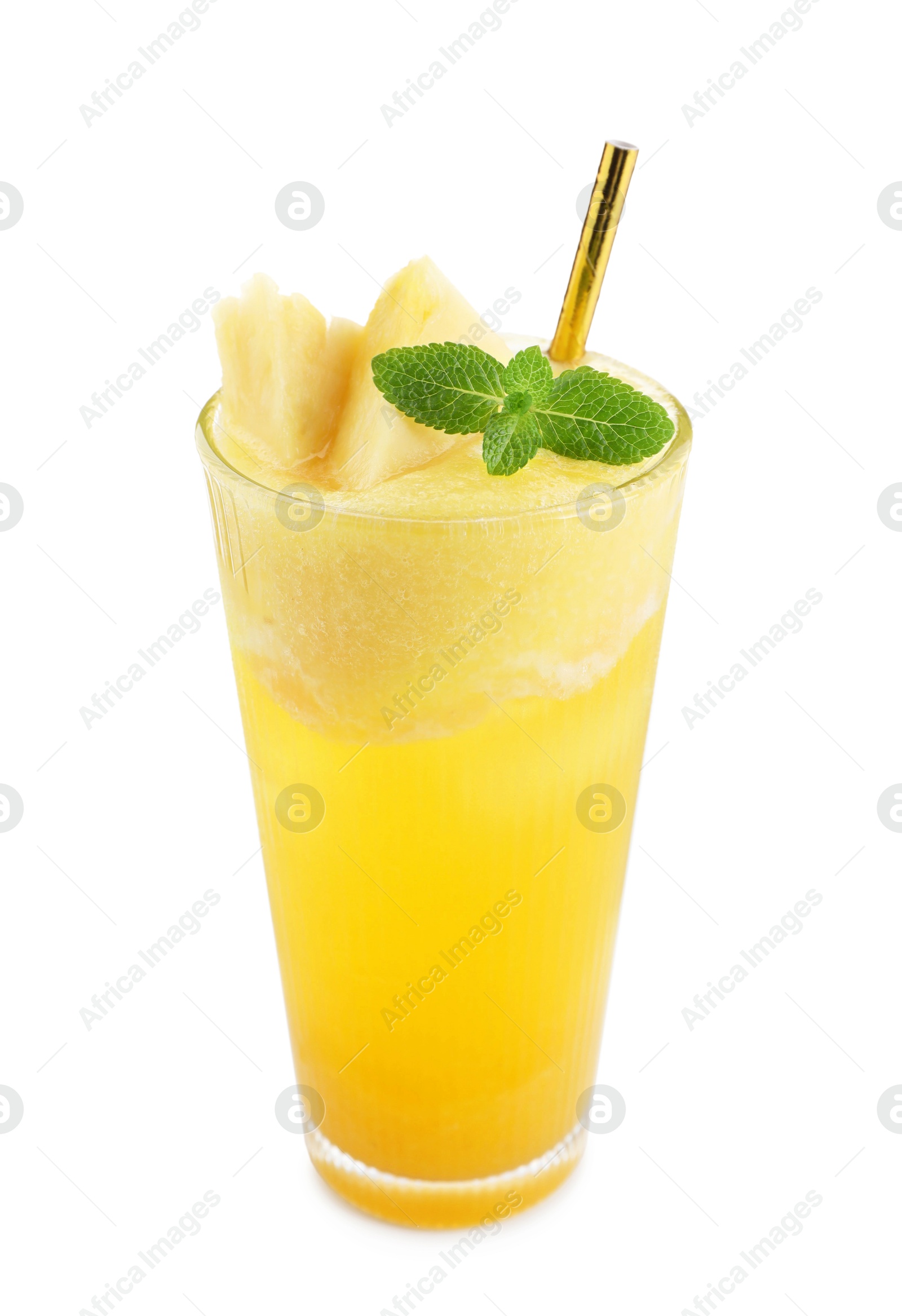 Photo of Tasty pineapple cocktail with mint in glass isolated on white