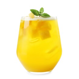 Photo of Tasty pineapple cocktail with mint in glass isolated on white