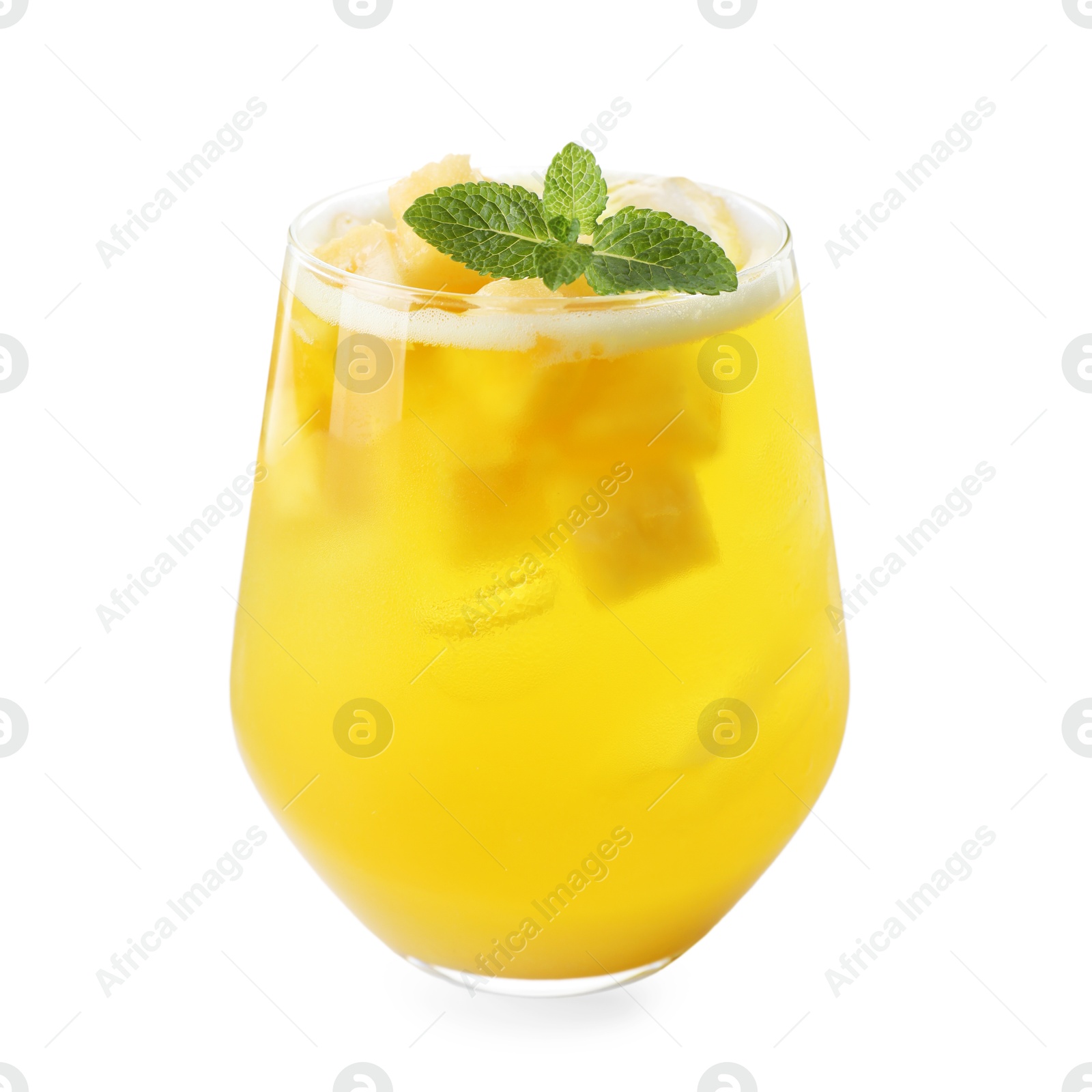 Photo of Tasty pineapple cocktail with mint in glass isolated on white