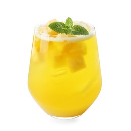 Photo of Tasty pineapple cocktail with mint in glass isolated on white