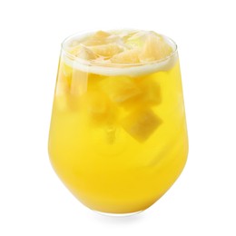 Photo of Tasty pineapple cocktail in glass isolated on white