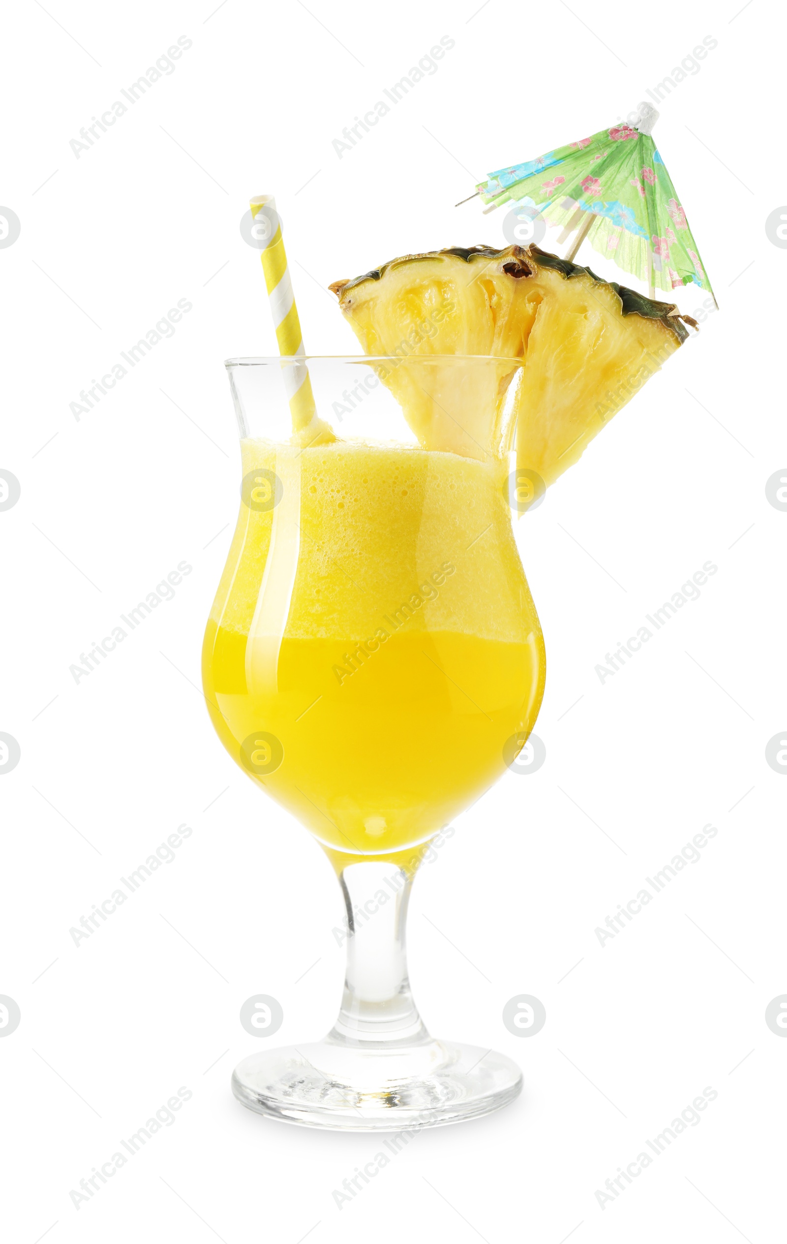 Photo of Tasty pineapple cocktail in glass isolated on white