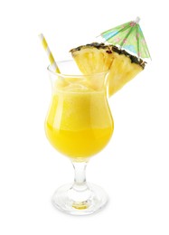 Photo of Tasty pineapple cocktail in glass isolated on white