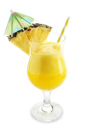 Photo of Tasty pineapple cocktail in glass isolated on white