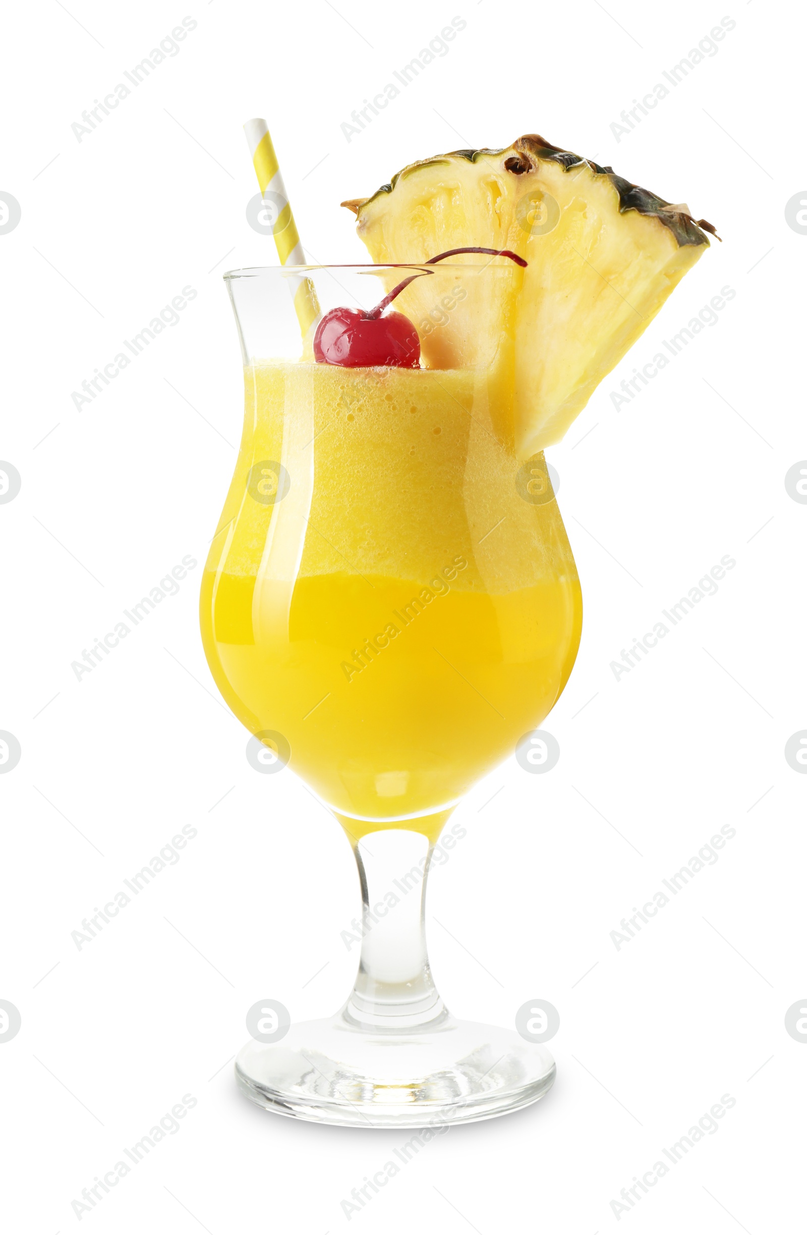 Photo of Tasty pineapple cocktail in glass isolated on white