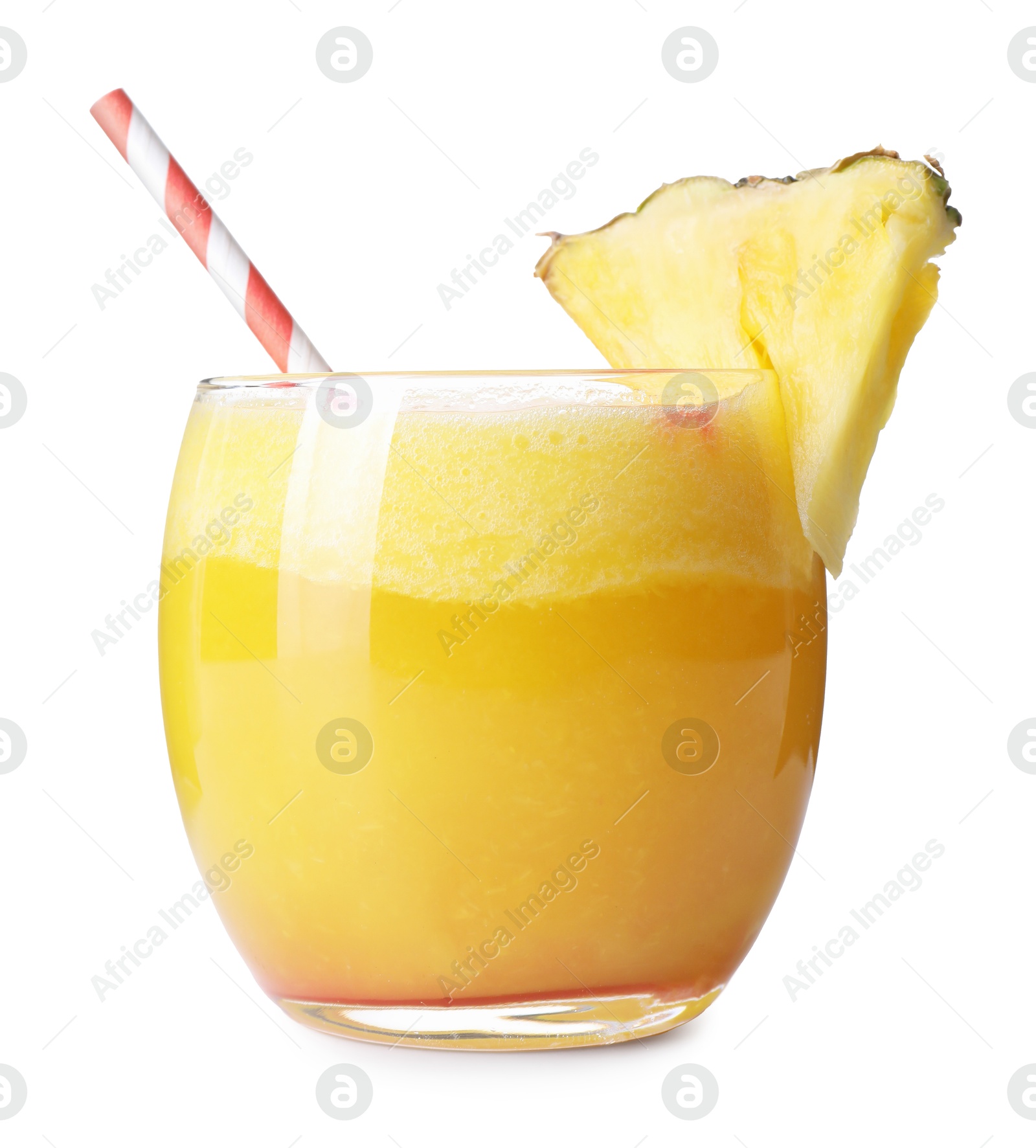 Photo of Tasty pineapple cocktail in glass isolated on white