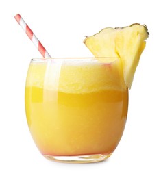 Photo of Tasty pineapple cocktail in glass isolated on white