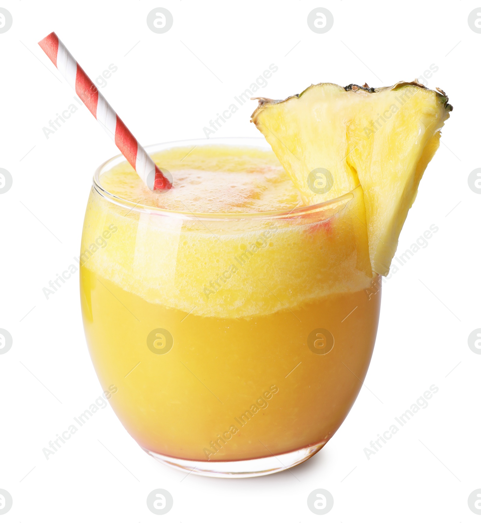 Photo of Tasty pineapple cocktail in glass isolated on white