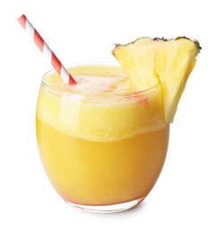 Photo of Tasty pineapple cocktail in glass isolated on white