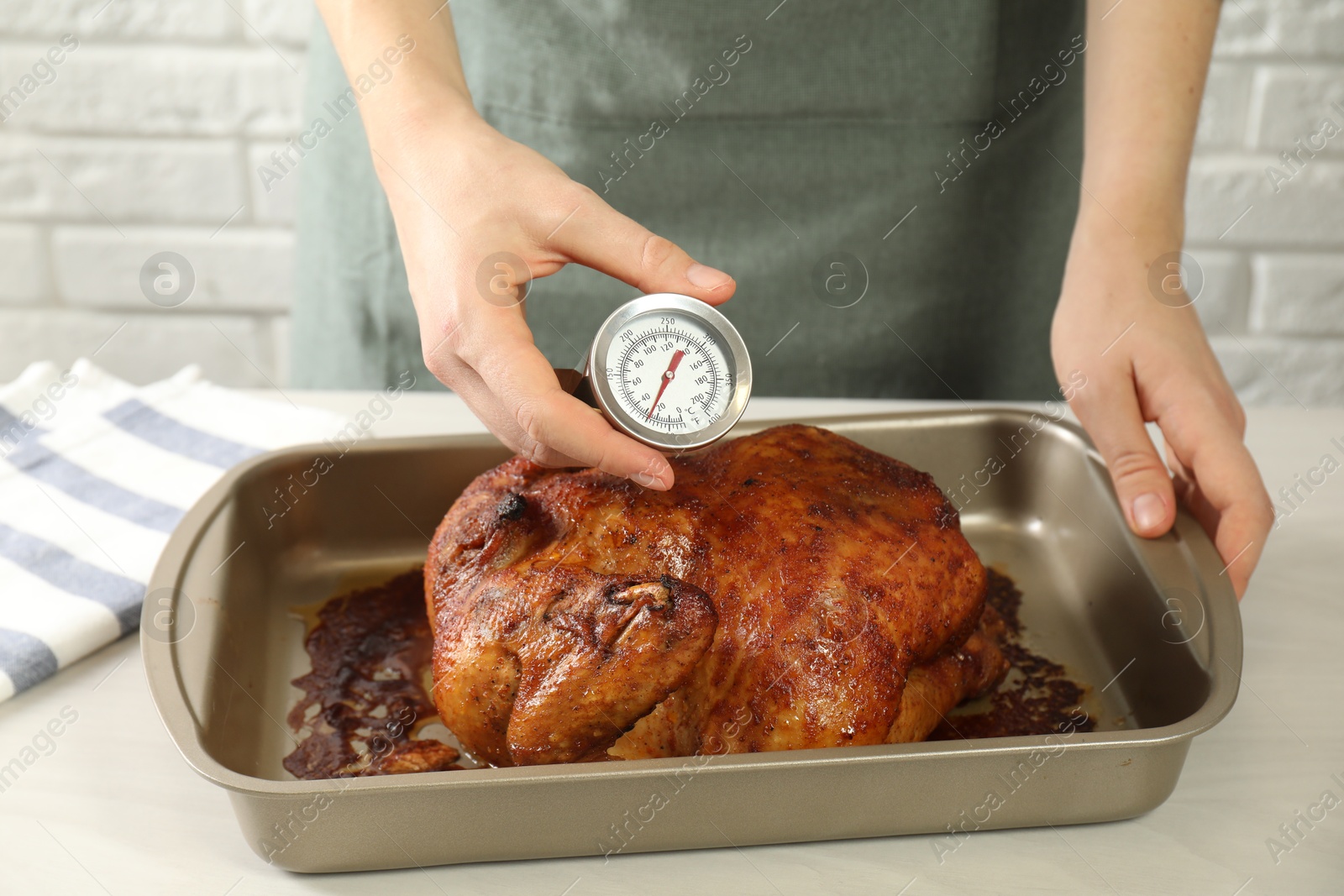 Photo of Woman measuring temperature of delicious baked turkey at light table indoors, closeup