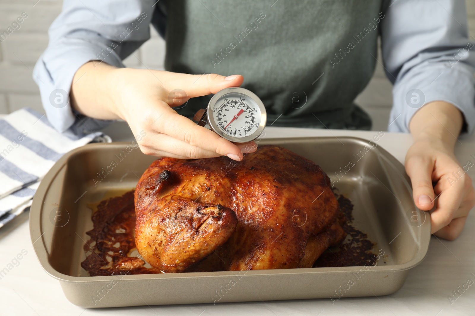 Photo of Woman measuring temperature of delicious baked turkey at light table indoors, closeup