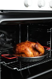 Photo of Delicious baked turkey in baking dish in oven