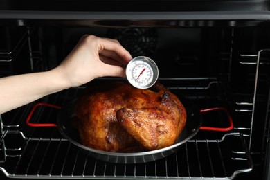 Photo of Woman measuring temperature of delicious baked turkey in kitchen, closeup