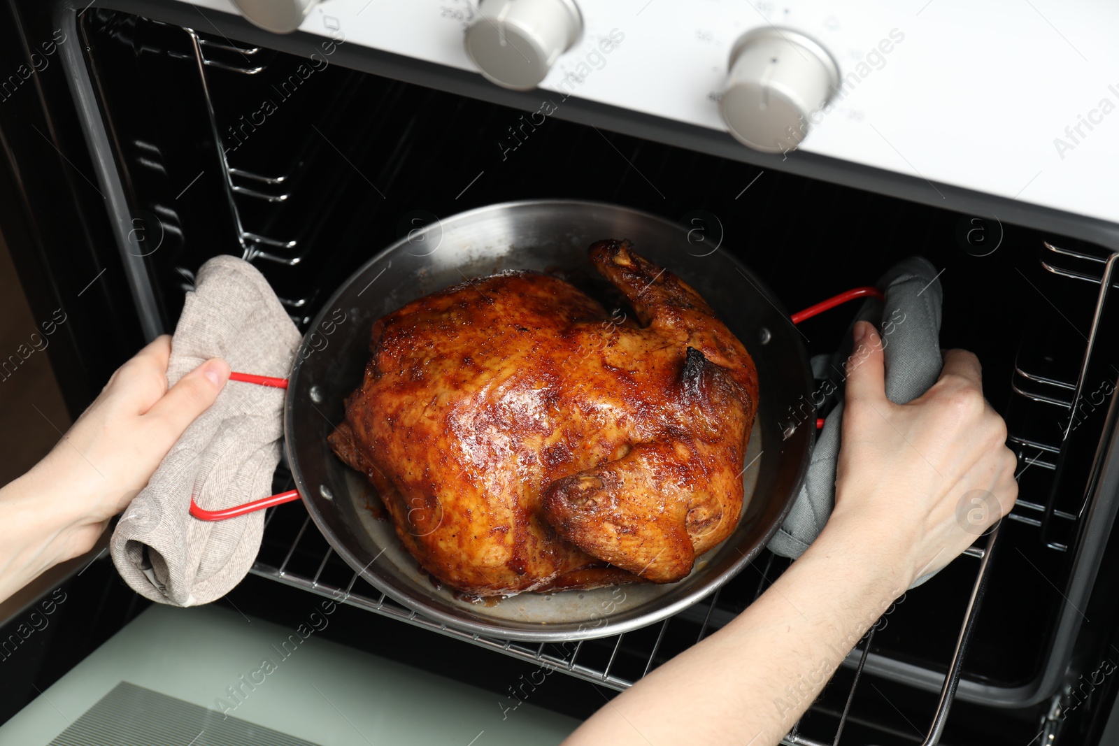 Photo of Woman taking out delicious baked turkey from oven, closeup