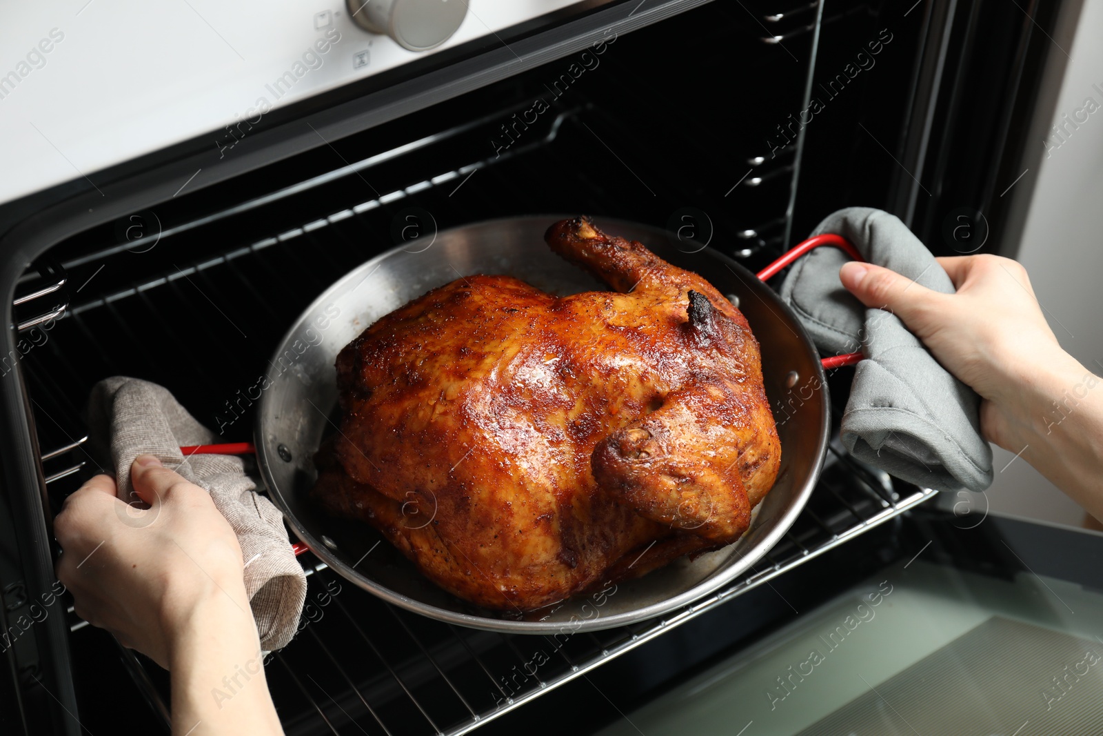 Photo of Woman taking out delicious baked turkey from oven, closeup