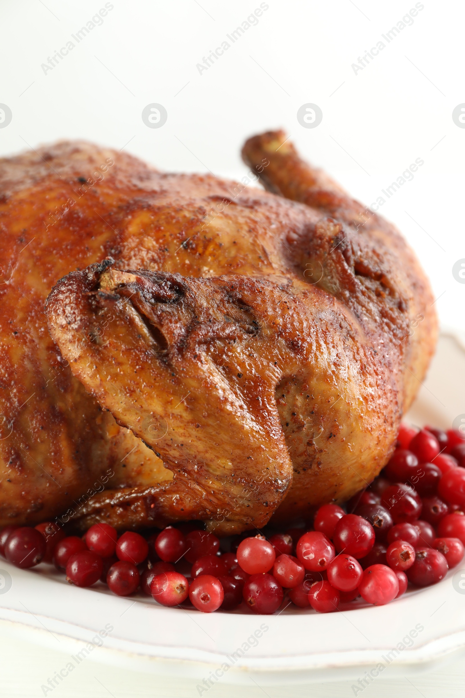 Photo of Delicious baked turkey and cranberries on white table, closeup