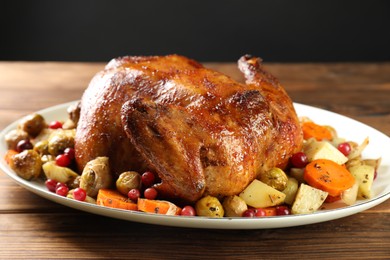 Photo of Delicious baked turkey, vegetables and cranberries on wooden table, closeup