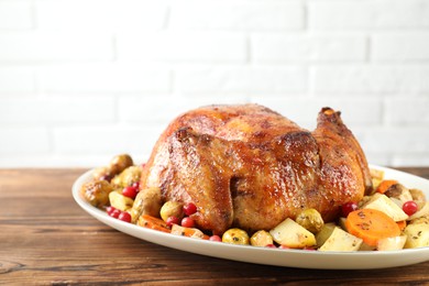 Photo of Delicious baked turkey, vegetables and cranberries on wooden table against white brick wall