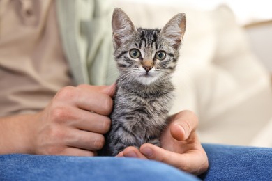 Photo of Man with cute kitten at home, closeup