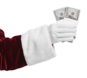 Photo of Santa Claus holding dollar banknotes on white background, closeup