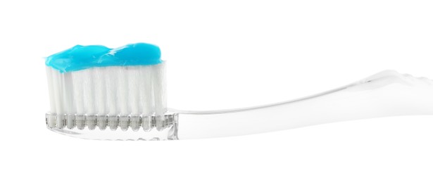 Photo of One toothbrush with toothpaste in air isolated on white