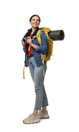 Photo of Young tourist with camera and backpack on white background