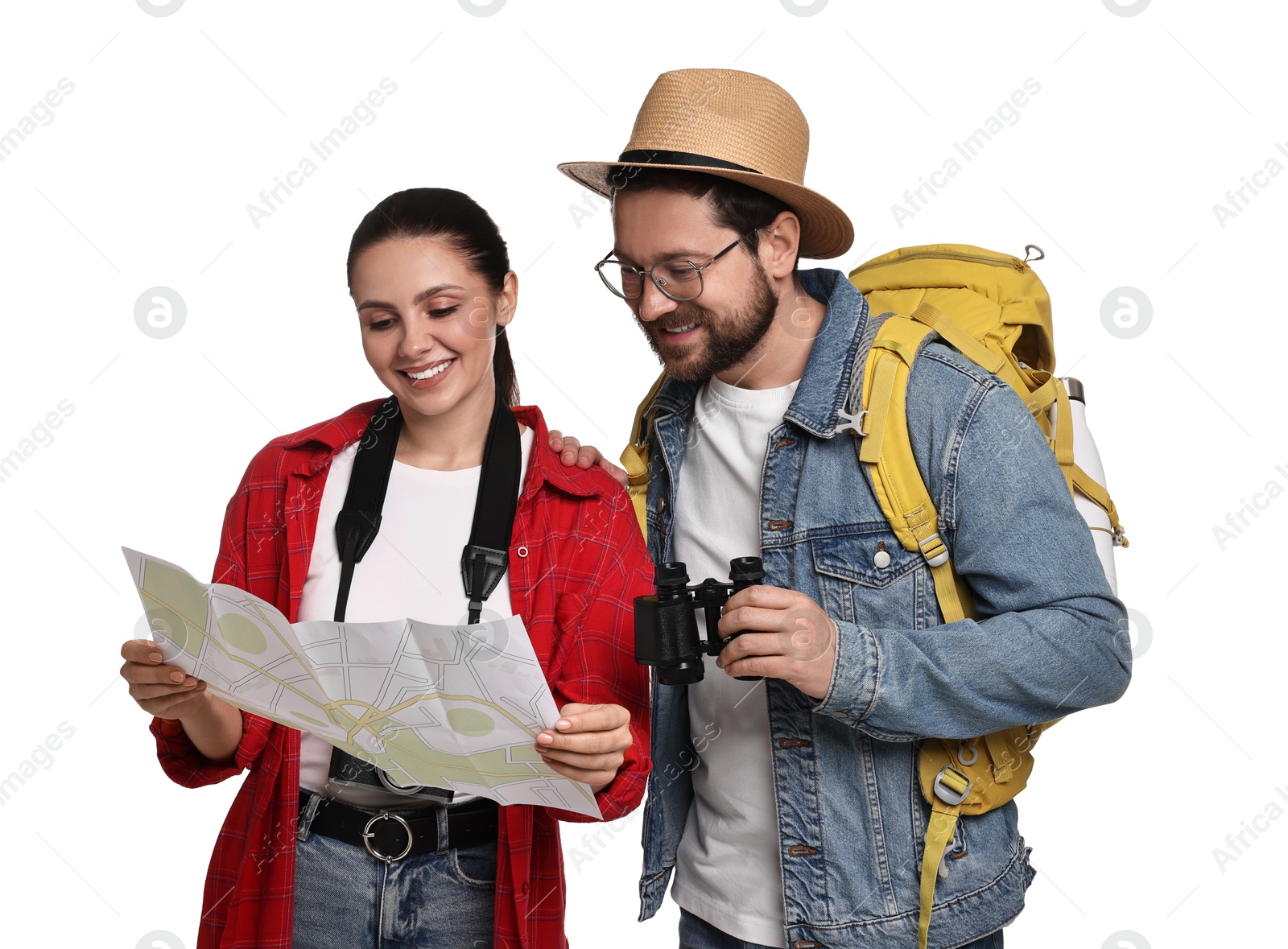 Photo of Tourism. Happy couple with backpack, map and binoculars on white background