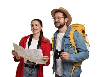 Photo of Tourism. Happy couple with backpack, map and binoculars on white background