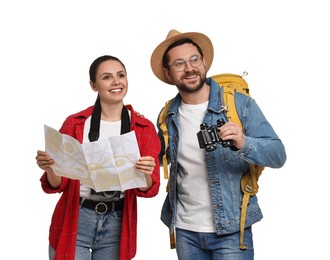 Photo of Tourism. Happy couple with backpack, map and binoculars on white background