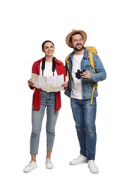 Tourism. Happy couple with backpack, map and binoculars on white background