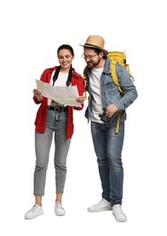 Photo of Tourism. Happy couple with backpack, map and binoculars on white background