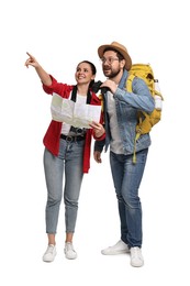 Photo of Tourism. Happy couple with backpack, map and binoculars on white background