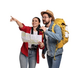 Tourism. Happy couple with backpack, map and binoculars on white background